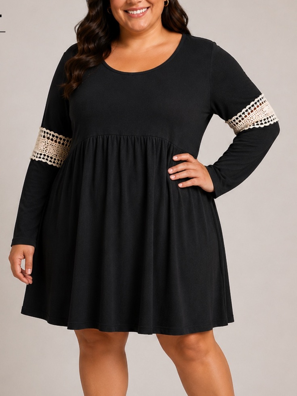 Reborn Navy Blue Long Sleeve Dress with Cream Lace Trim XL pit 18” length 37”